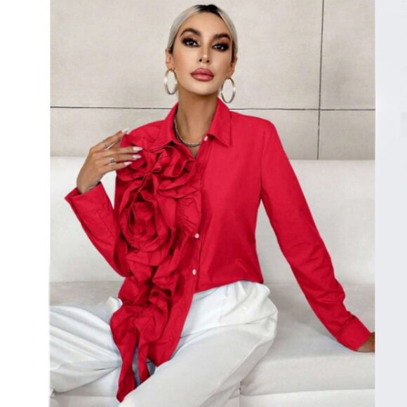 Red Floral 3d Ruffle Edge Shirt. Medium - Picture 1 of 3